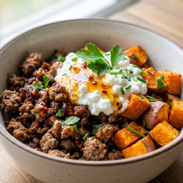 Hot honey cottage cheese sweet potato beef bowl