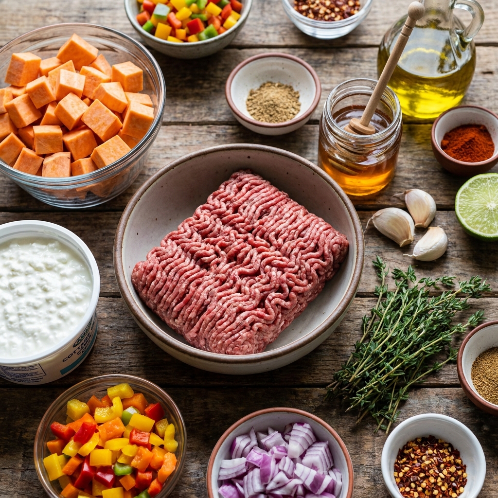 Hot honey cottage cheese sweet potato beef bowl