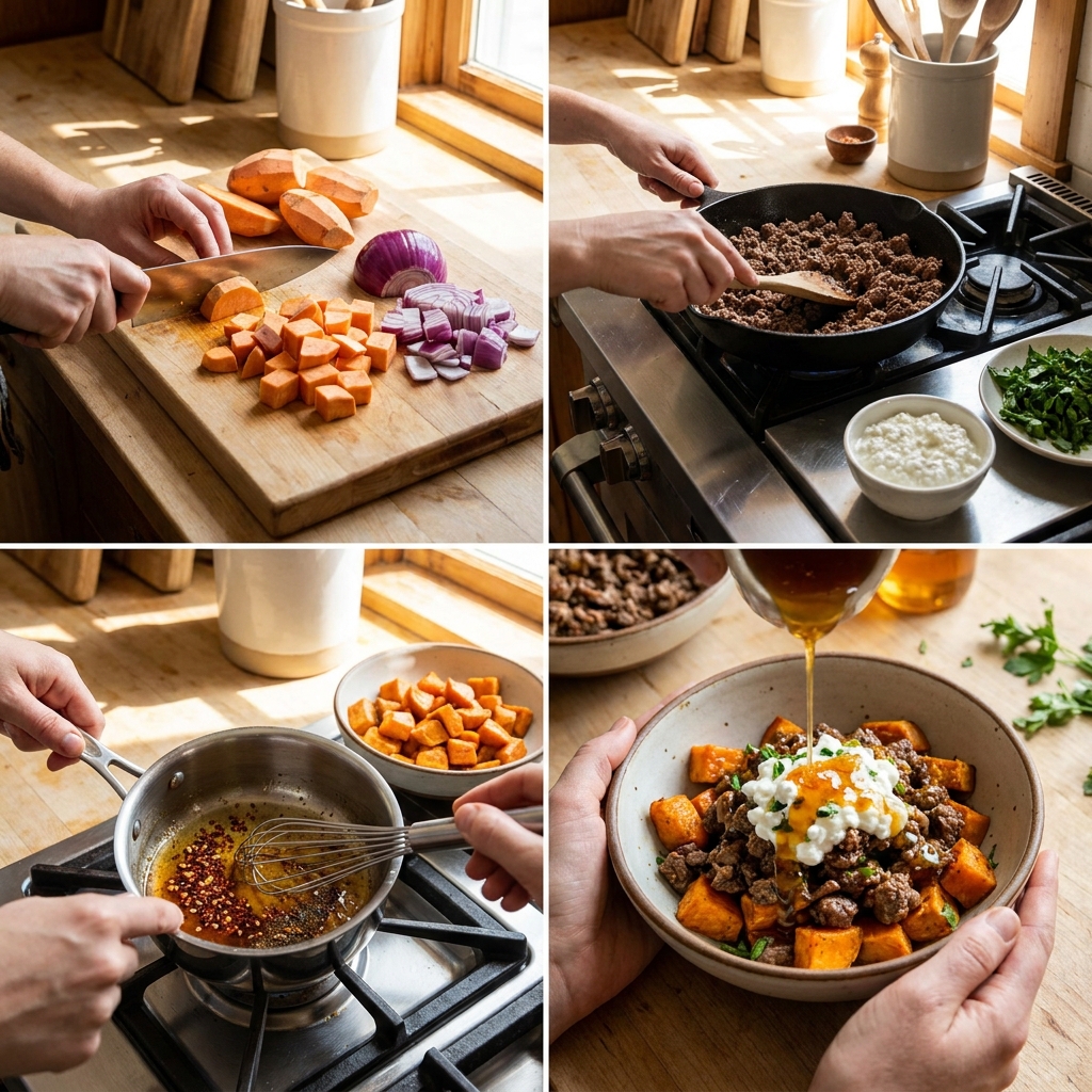Hot honey cottage cheese sweet potato beef bowl