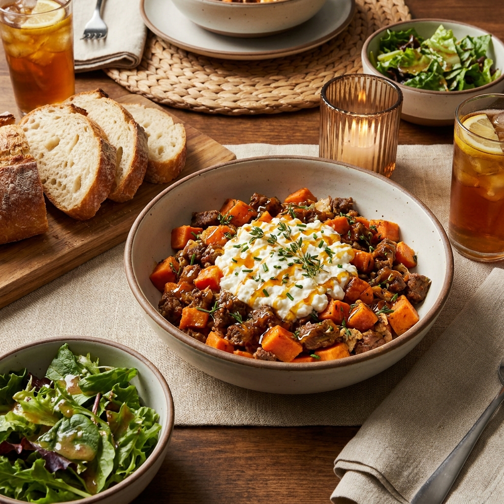 Hot honey cottage cheese sweet potato beef bowl