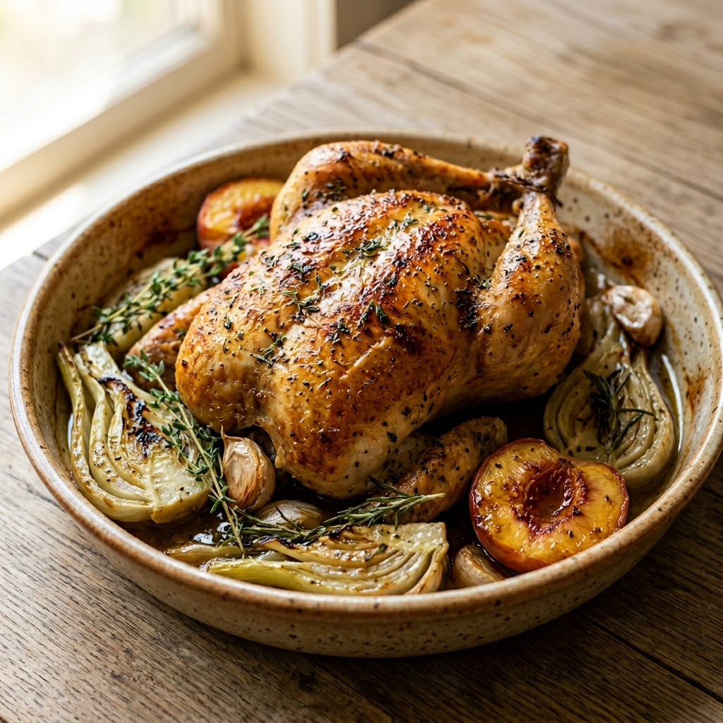 Roasted Chicken With Fennel and Peaches recipe