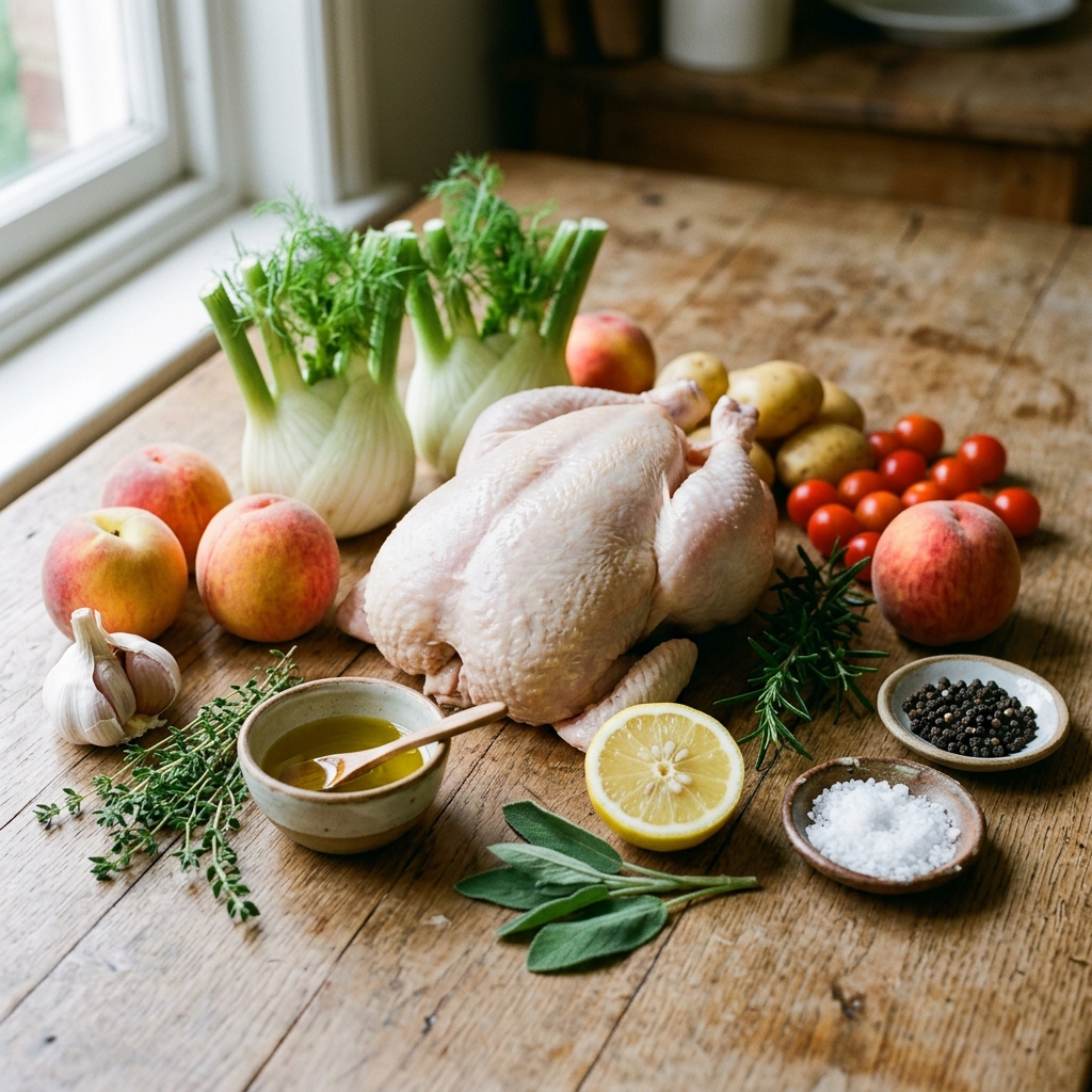 Roasted Chicken With Fennel and Peaches recipe