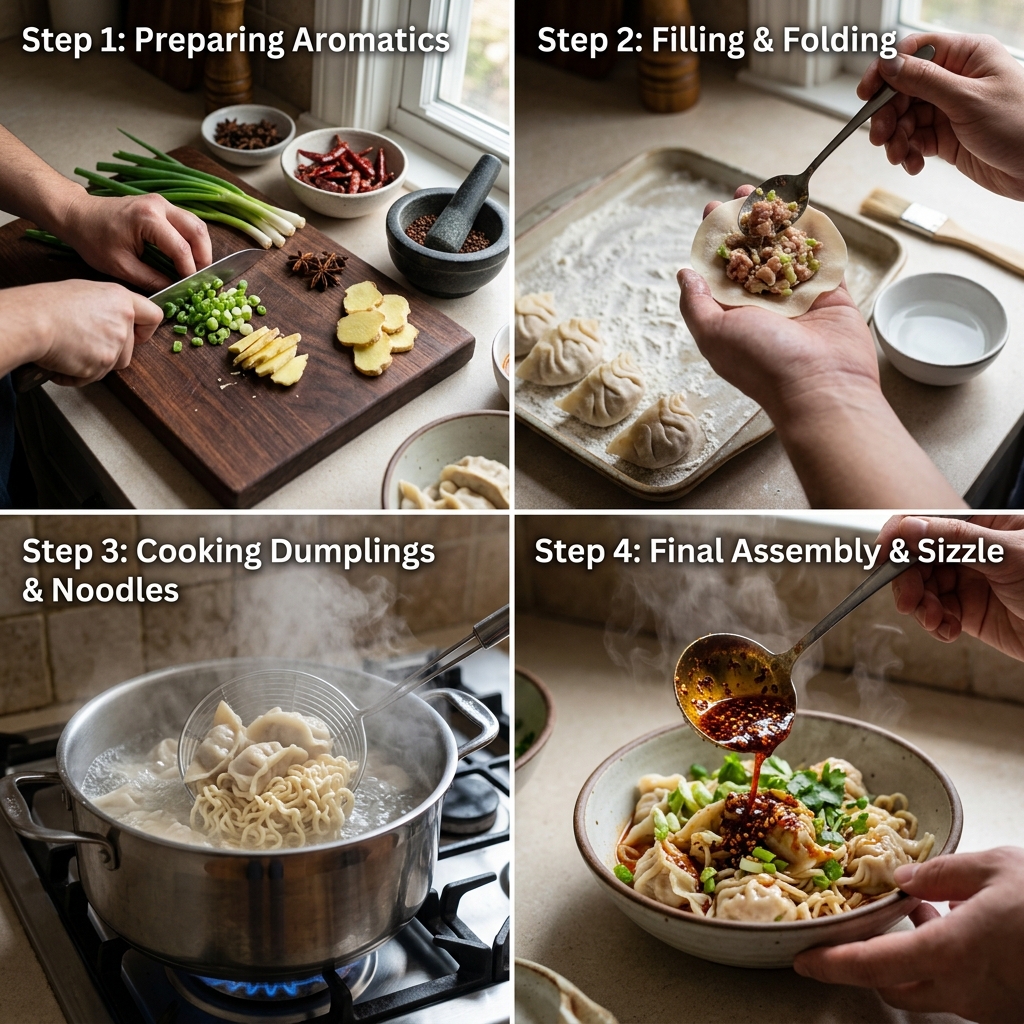 Chile Oil Dumplings With Noodles recipe